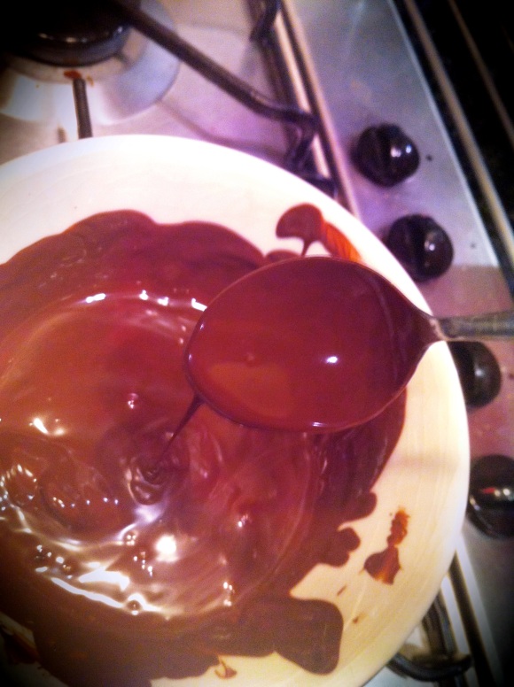 Start off by melting the dark chocolate - I did this on a stove, in a bowl, sitting in a pot of boiling water